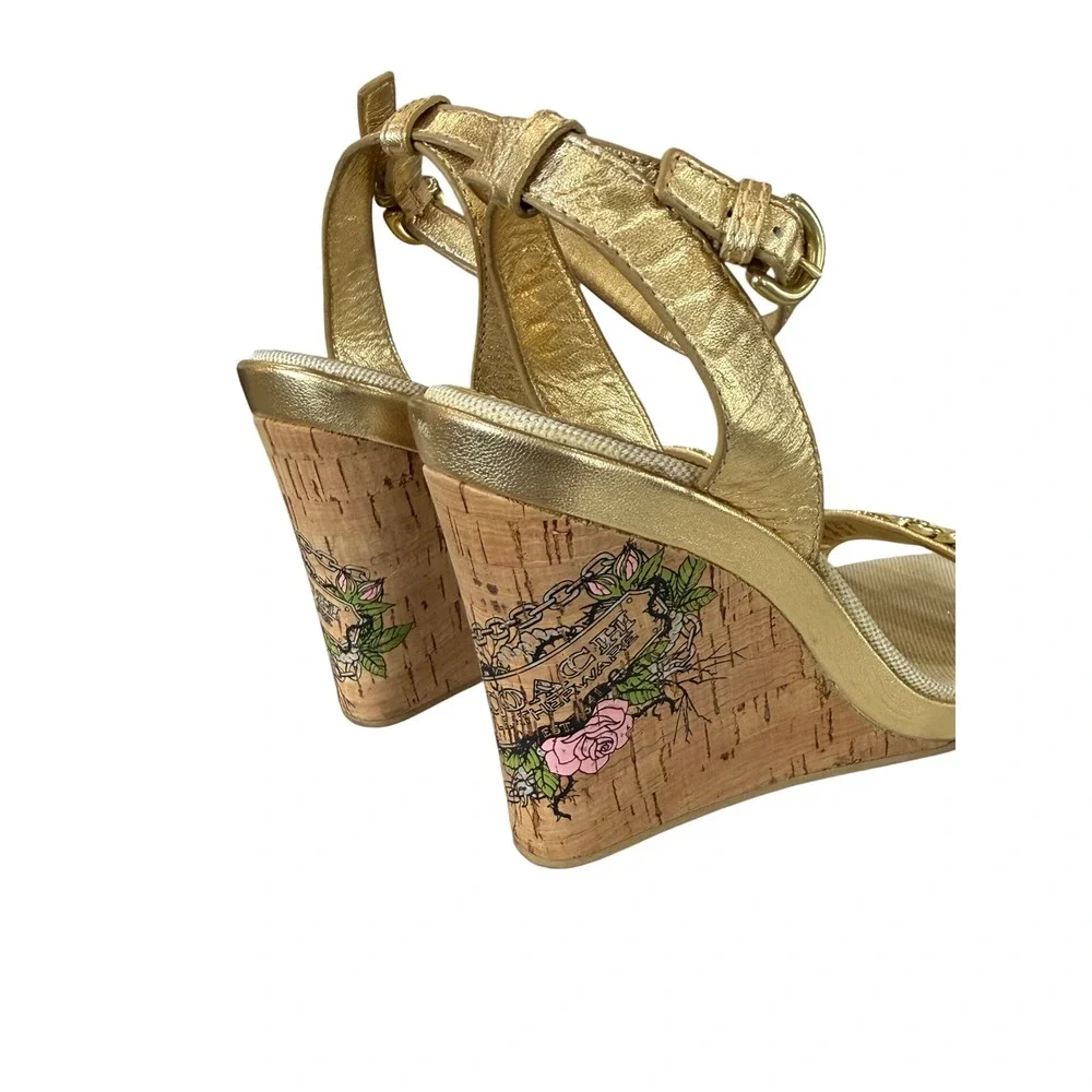 Coach Floral Cork Wedge Sandals Gold Leather Chain Accent Ankle Strap Size 8B